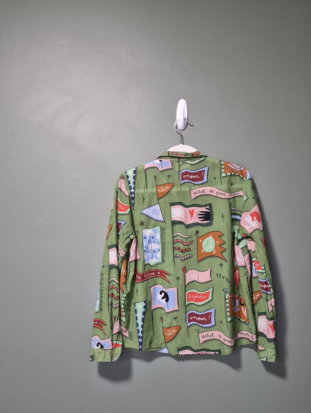 Sezane ×Pangea Pierro Shirt Green Flag Print 38 NWOT - Picture 5 of 8